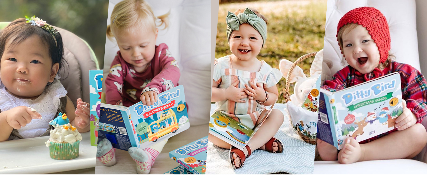Four young children sit in different settings, each smiling and holding or reading colorful Ditty Bird sound books; these early learning musical books make perfect gifts for one year old kids. One child also has a cupcake in front of them.
