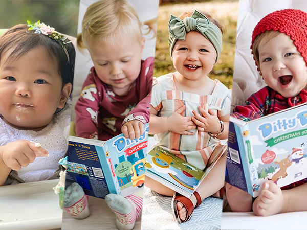 Four babies sit side by side, each holding colorful Ditty Bird sound books, smiling or focused. Dressed in cute outfits and accessories, they show cheerful expressions—perfect gifts for one year old early learning and playtime fun.