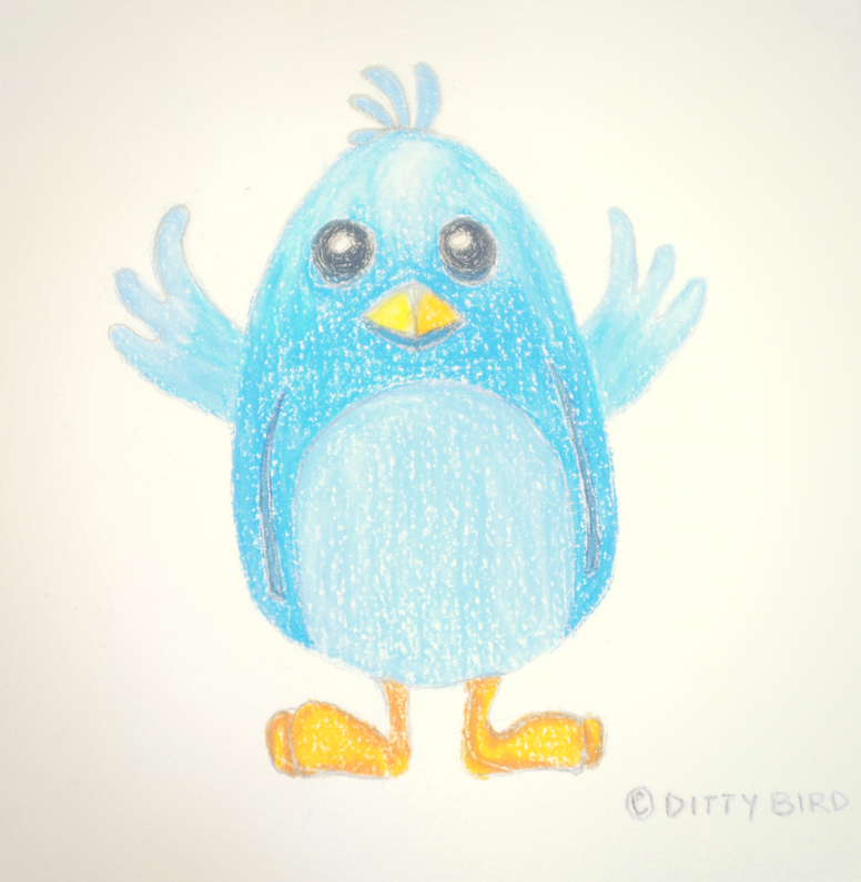 A hand-drawn, blue cartoon bird with large eyes, yellow beak, raised wings, and orange feet stands against a white background—perfect for fans of early learning musical books. © Ditty Bird is written in the bottom right corner.