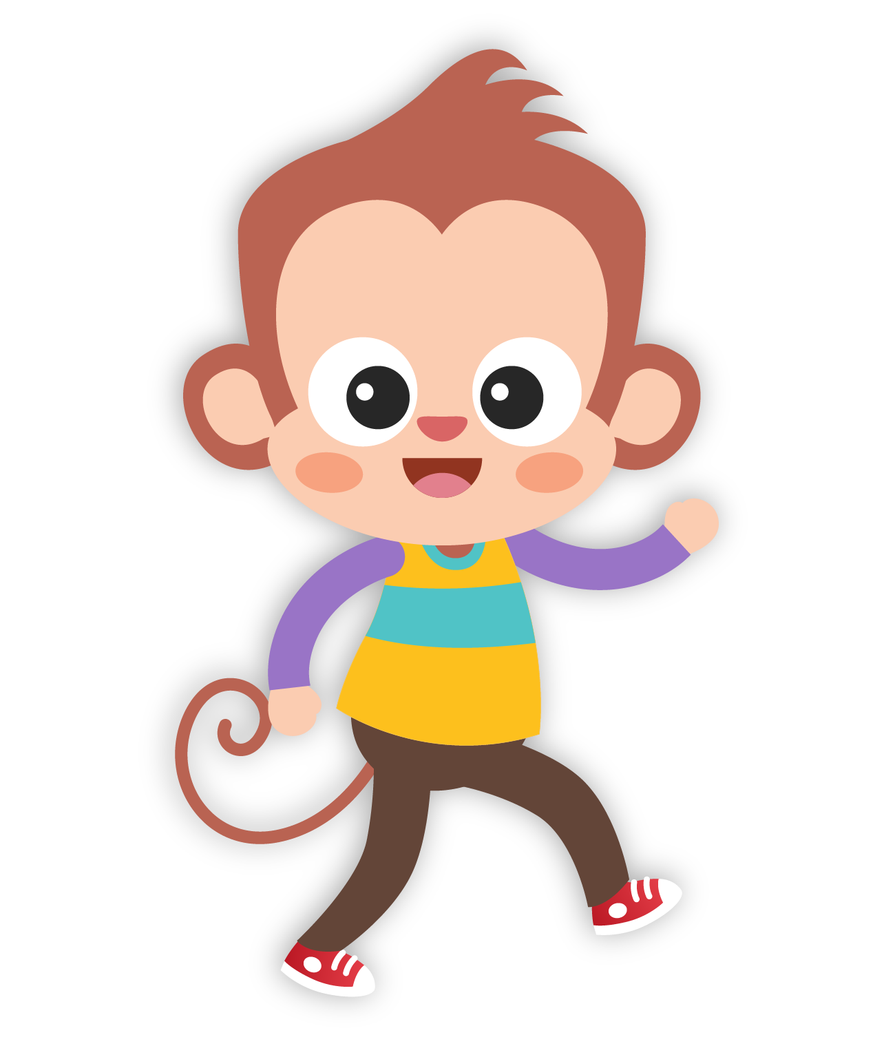 A cartoon monkey with brown hair, a yellow and blue shirt, brown pants, red sneakers, and a curled tail, smiling and walking with one arm raised—perfect for early learning musical books or gifts for one year old.