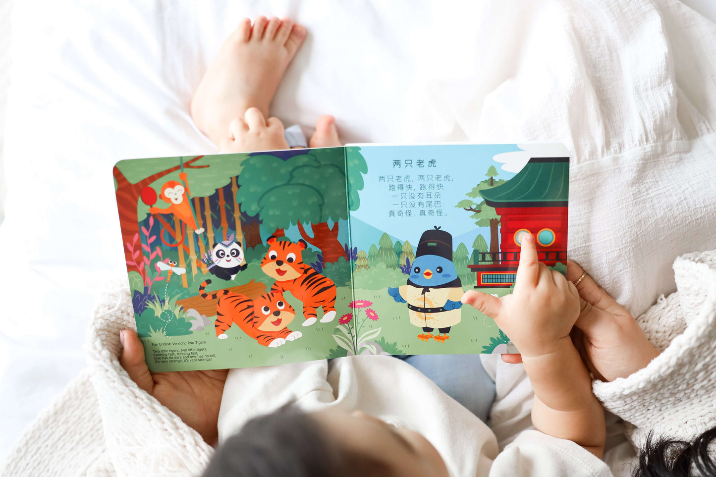 A child and adult enjoy Ditty Bird UK's "Chinese Children's Songs in Mandarin Vol.1"—a colorful musical book, perfect for a first birthday or as a companion to baby toys for 6-12 months.