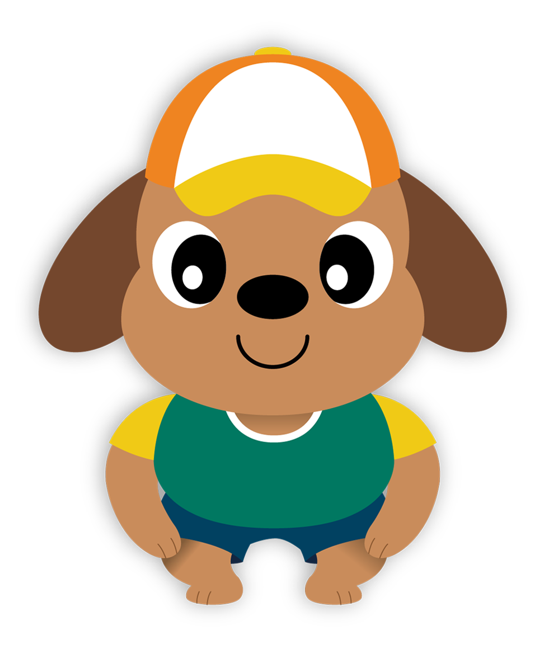 Cartoon illustration of a brown dog with big eyes, wearing a yellow and orange cap, green shirt with yellow sleeves, and blue shorts—perfect for early learning musical books or gifts for one year old. The dog is standing and smiling.