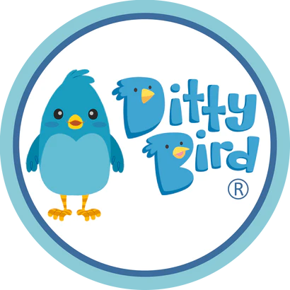 A blue cartoon bird stands next to the words Ditty Bird in playful, blue letters, all inside a blue-bordered circle—a charming look for early learning musical books and perfect gifts for one year old children.