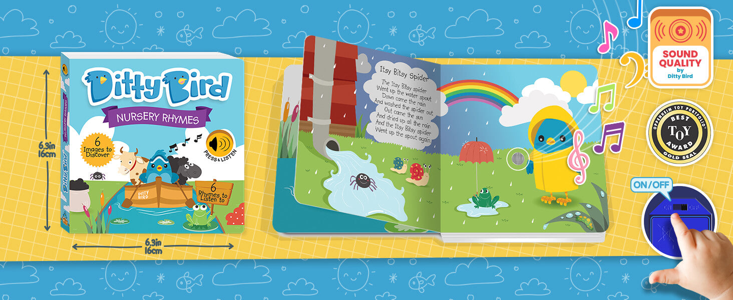 A colorful Ditty Bird Nursery Rhymes sound book with cartoon animals on the cover and inside pages, perfect for early learning musical books or as a baby toy for 12-18 months. A hand presses a button to play music; icons show sound quality, awards, and on/off switch.