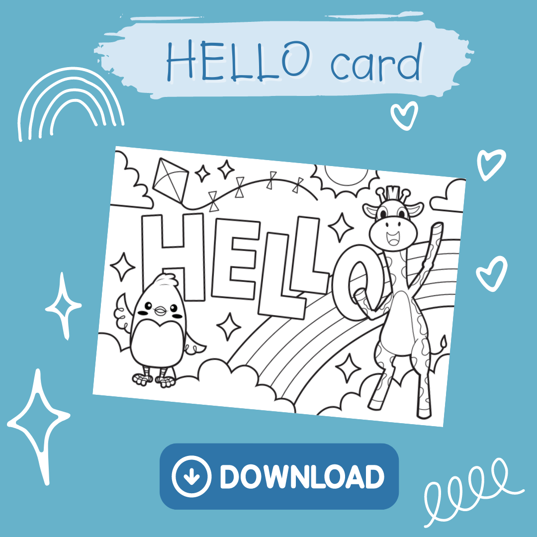 Coloring page with “HELLO” text, a waving giraffe, smiling bird, rainbow, clouds, stars, kites, and hearts—perfect for early learning musical books or baby toys 12-18 months. Includes a “HELLO card” and a “DOWNLOAD” button.