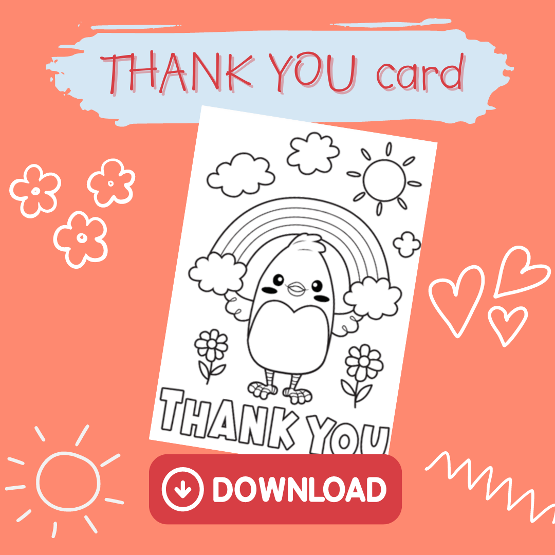 A colorful graphic with the text THANK YOU card, featuring a cute bird under a rainbow with clouds and flowers—perfect for pairing with baby toys 12-18 months or gifts for one year old. A red DOWNLOAD button appears below the card.