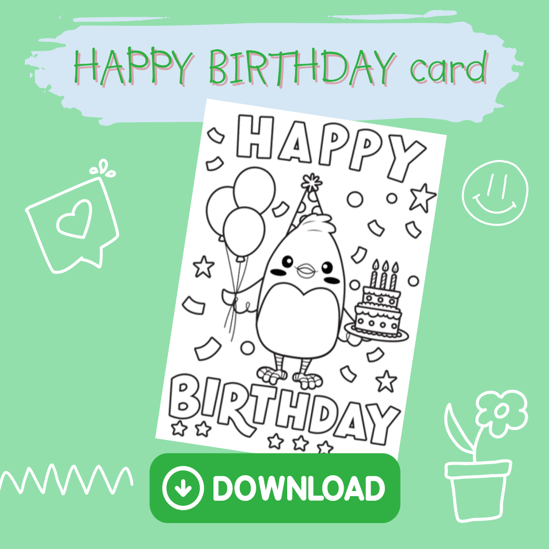 Coloring page with a cartoon bird holding balloons and a birthday cake, confetti background, and “HAPPY BIRTHDAY” text—perfect for gifts for one year old. “HAPPY BIRTHDAY card” and “DOWNLOAD” button on green doodle background.