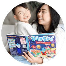 A smiling woman and a young child read a colorful Ditty Bird book together, both looking happy and engaged—one of the perfect musical toys for toddlers 1-3 or thoughtful gifts for one year old children.