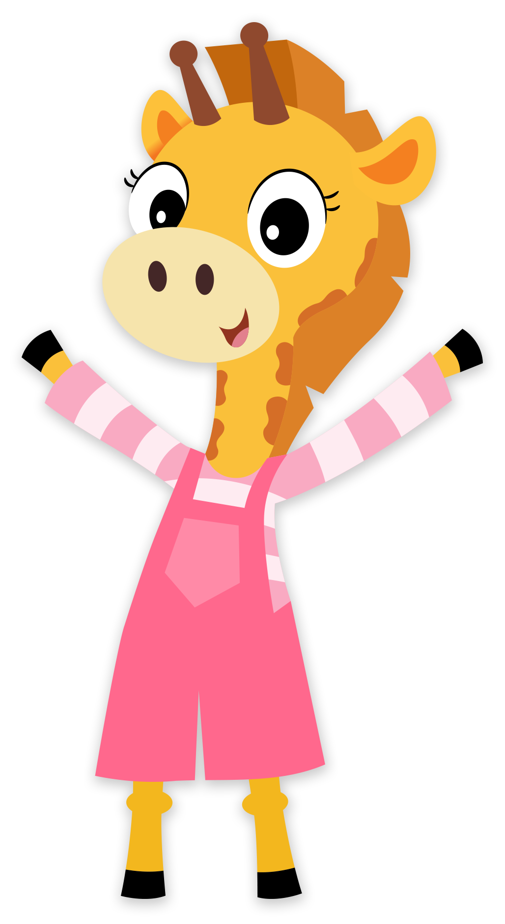 A cheerful cartoon giraffe with big eyes, wearing a pink dress and striped shirt, stands with arms outstretched—a perfect addition to baby toys 12-18 months or gifts for one year old, spreading joy with its happy expression.