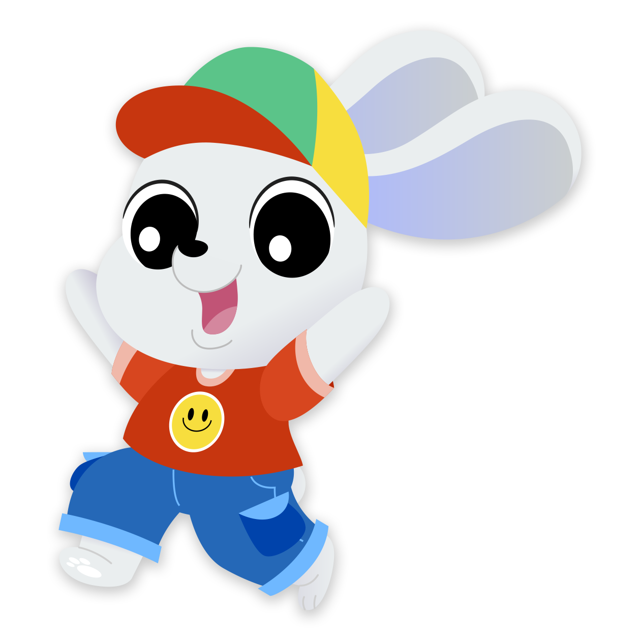 A cheerful cartoon bunny, perfect for early learning musical books, wears a colorful cap, red shirt with a yellow smiley face, and blue shorts, joyfully jumping with arms raised and a big smile on its face.