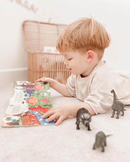 A young child reads "Dinosaur Sounds" by Ditty Bird UK while lying on the floor, three dinosaur toys nearby and a wicker basket in the background, creating a cozy early learning setting.