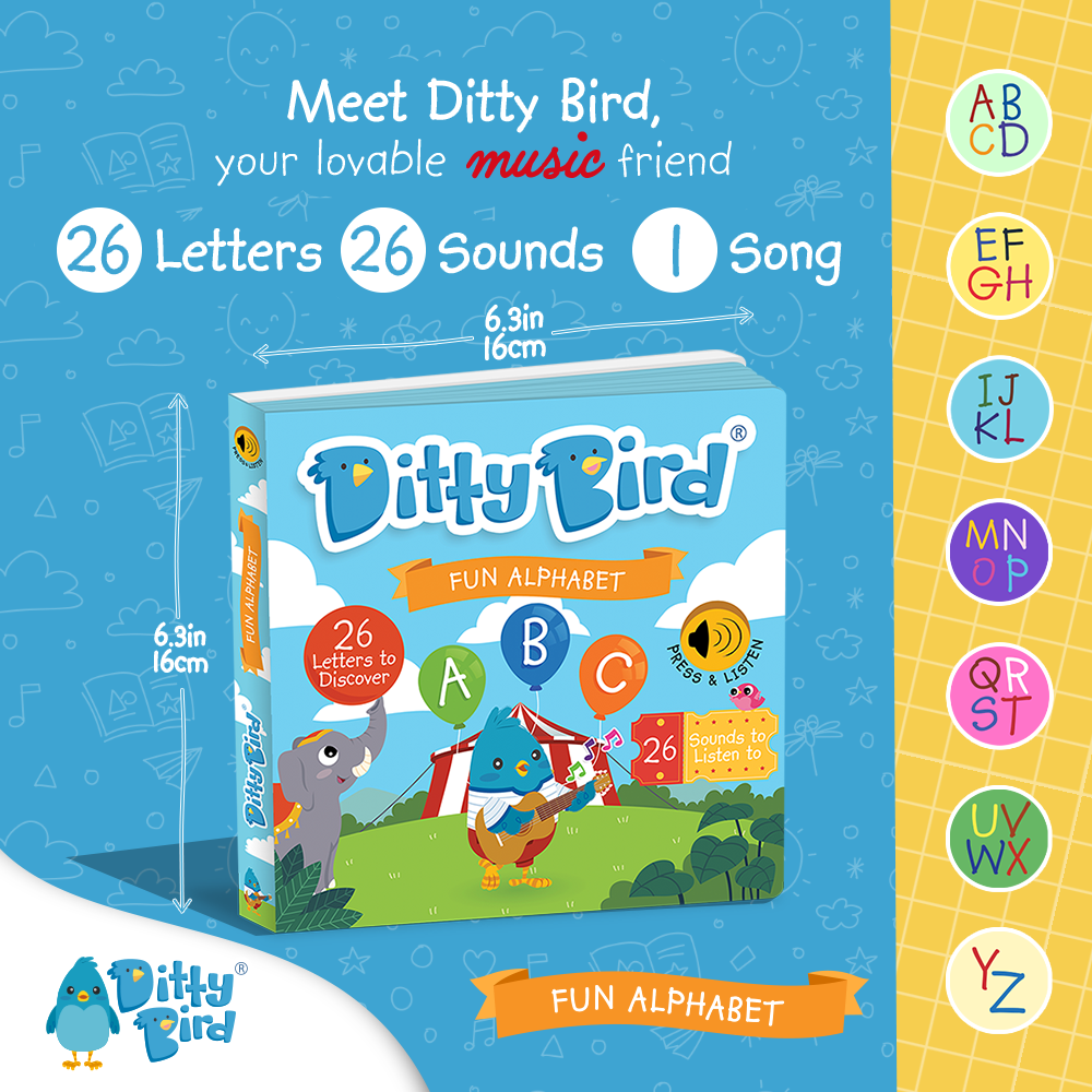 Square image showing Ditty Bird UK’s ABC Fun Alphabet interactive book—an educational toy with musical notes, colorful alphabet circles, and text highlighting 26 letters, 26 sounds, and 1 song. A blue bird holds an ABC sign for early learning.