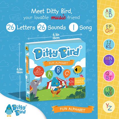 Square image showing Ditty Bird UK’s ABC Fun Alphabet interactive book—an educational toy with musical notes, colorful alphabet circles, and text highlighting 26 letters, 26 sounds, and 1 song. A blue bird holds an ABC sign for early learning.