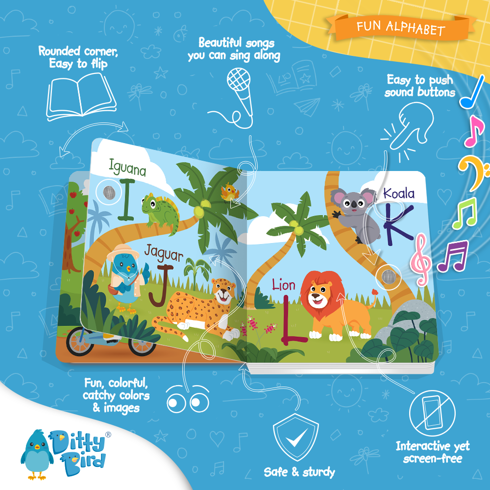 The ABC Fun Alphabet by Ditty Bird UK is an illustrated children’s book page with an iguana, jaguar, and lion in a jungle plus a koala in a tree. Colorful icons feature interactive sound books and musical toys for toddlers ages 1-3.