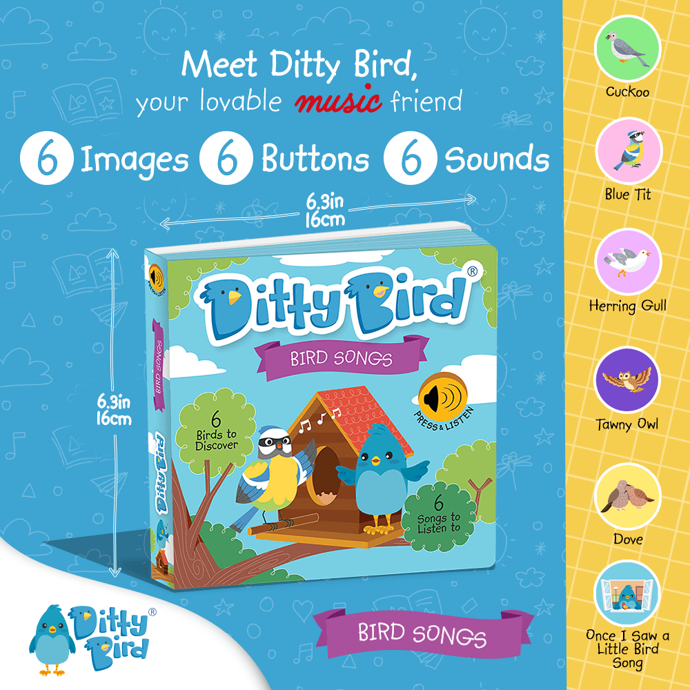 A vibrant promo image for Ditty Bird UK’s Bird Songs book, an educational toy with six buttons: Cuckoo, Blue Tit, Herring Gull, Tawny Owl, Dove, and Swan. Each plays a real bird song—ideal for early learning and discovery.