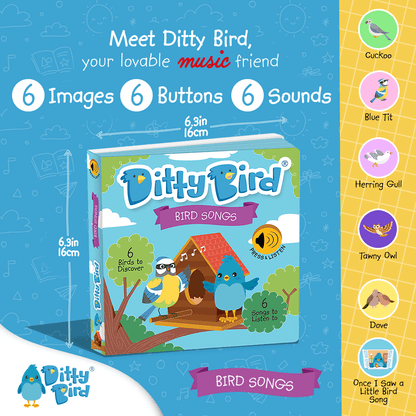 A vibrant promo image for Ditty Bird UK’s Bird Songs book, an educational toy with six buttons: Cuckoo, Blue Tit, Herring Gull, Tawny Owl, Dove, and Swan. Each plays a real bird song—ideal for early learning and discovery.
