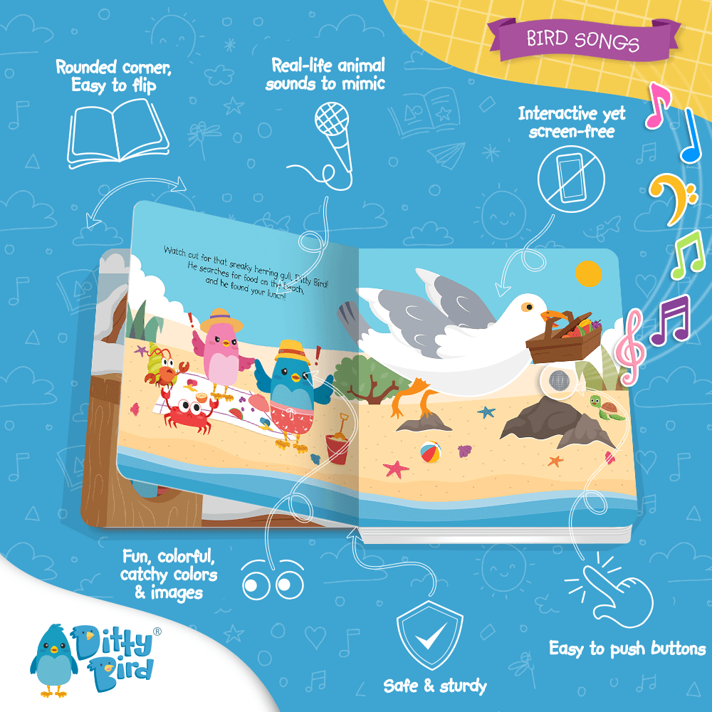 An open Ditty Bird UK Bird Songs interactive sound book displays colorful birds on a beach with music notes, featuring easy-to-flip rounded corners, animal sounds, interactive buttons, and vibrant images for early learning fun.