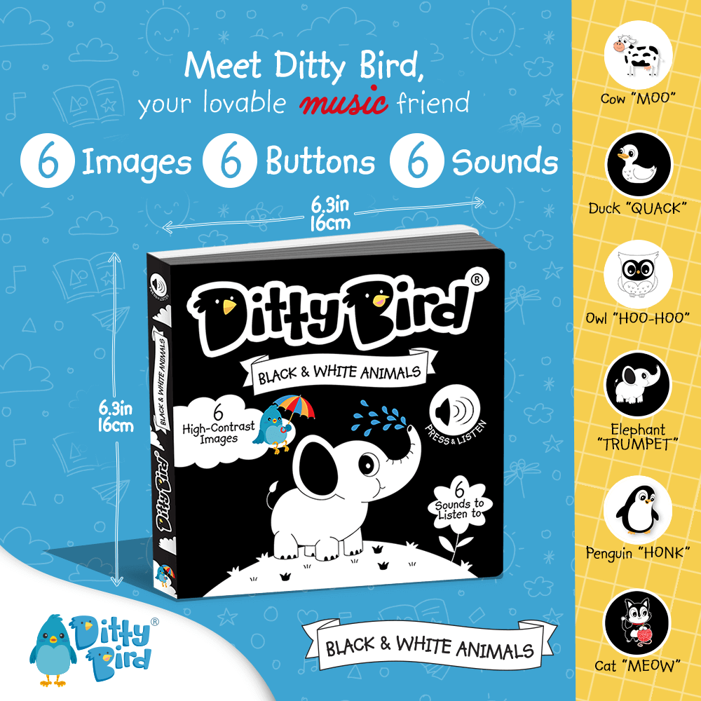 Promotional image for Ditty Bird UK’s Black & White Animals interactive sound book, with 6 animal images, 6 sound buttons, and a cartoon elephant cover—ideal first birthday or baby toy for ages 6-12 months.