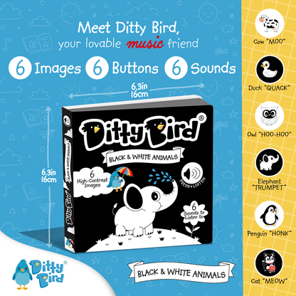 Promotional image for Ditty Bird UK’s Black & White Animals interactive sound book, with 6 animal images, 6 sound buttons, and a cartoon elephant cover—ideal first birthday or baby toy for ages 6-12 months.