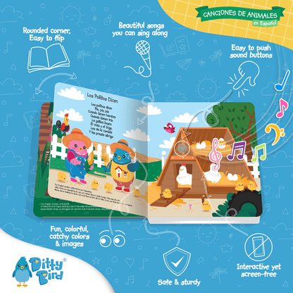 The Ditty Bird UK Canciones de Animales en Español book features colorful farm scenes, animals, and music notes. With rounded corners and easy sound buttons, it's the perfect interactive gift for babies aged 6-12 months or a first birthday.