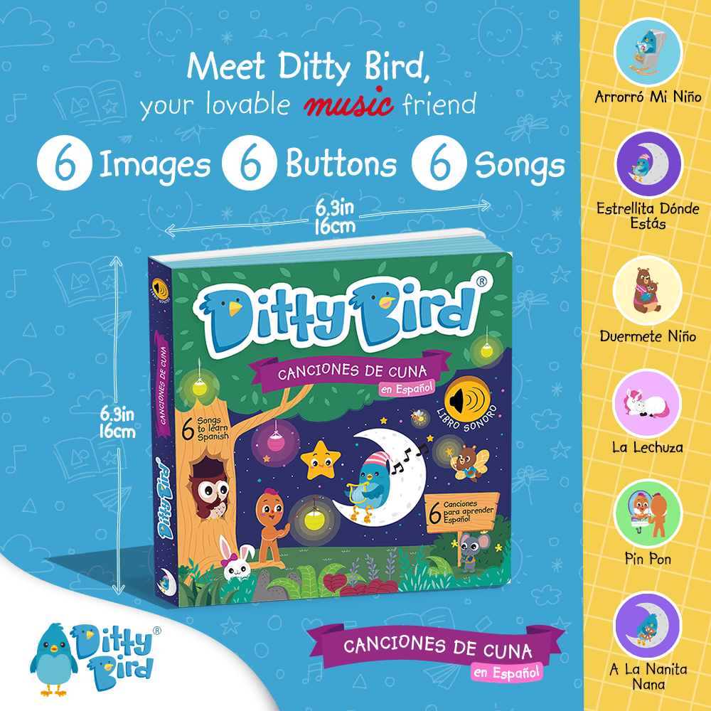 The Ditty Bird UK Canciones de Cuna en Español book has a square cover with forest animals, stars, and a moon. Ideal baby toy for ages 6-12 months or first birthday gift, it features 6 images, 6 buttons, and musical tunes for toddlers 1-3.