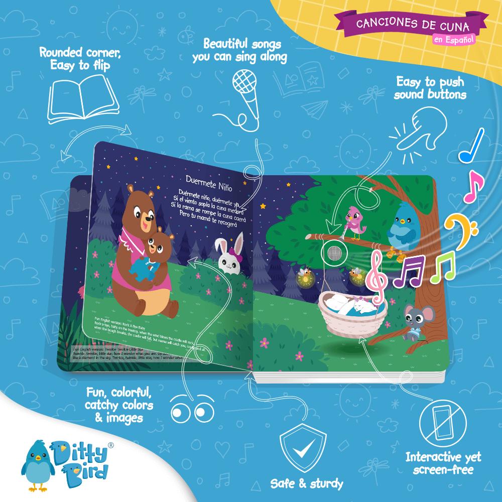 A colorful illustration shows the open "Canciones de Cuna en Español" book by Ditty Bird UK, with singing forest animals. This interactive sound book is a sturdy, screen-free first birthday gift with song buttons for musical fun.