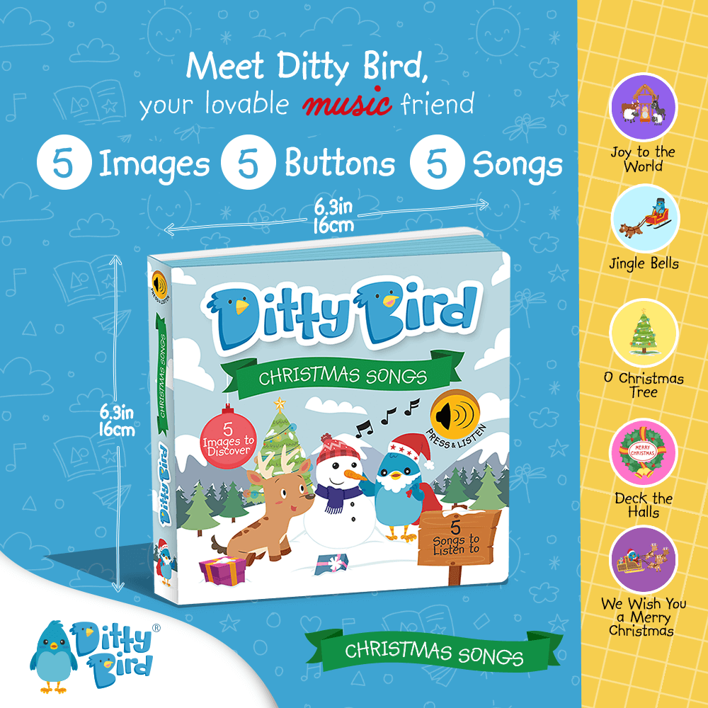 Square image featuring Ditty Bird UK’s “Christmas Songs” interactive book—an ideal educational toy for toddlers aged 1-3. Festive cover and sidebar with five song icons make this the perfect musical gift for young children.