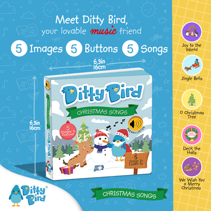 Square image featuring Ditty Bird UK’s “Christmas Songs” interactive book—an ideal educational toy for toddlers aged 1-3. Festive cover and sidebar with five song icons make this the perfect musical gift for young children.
