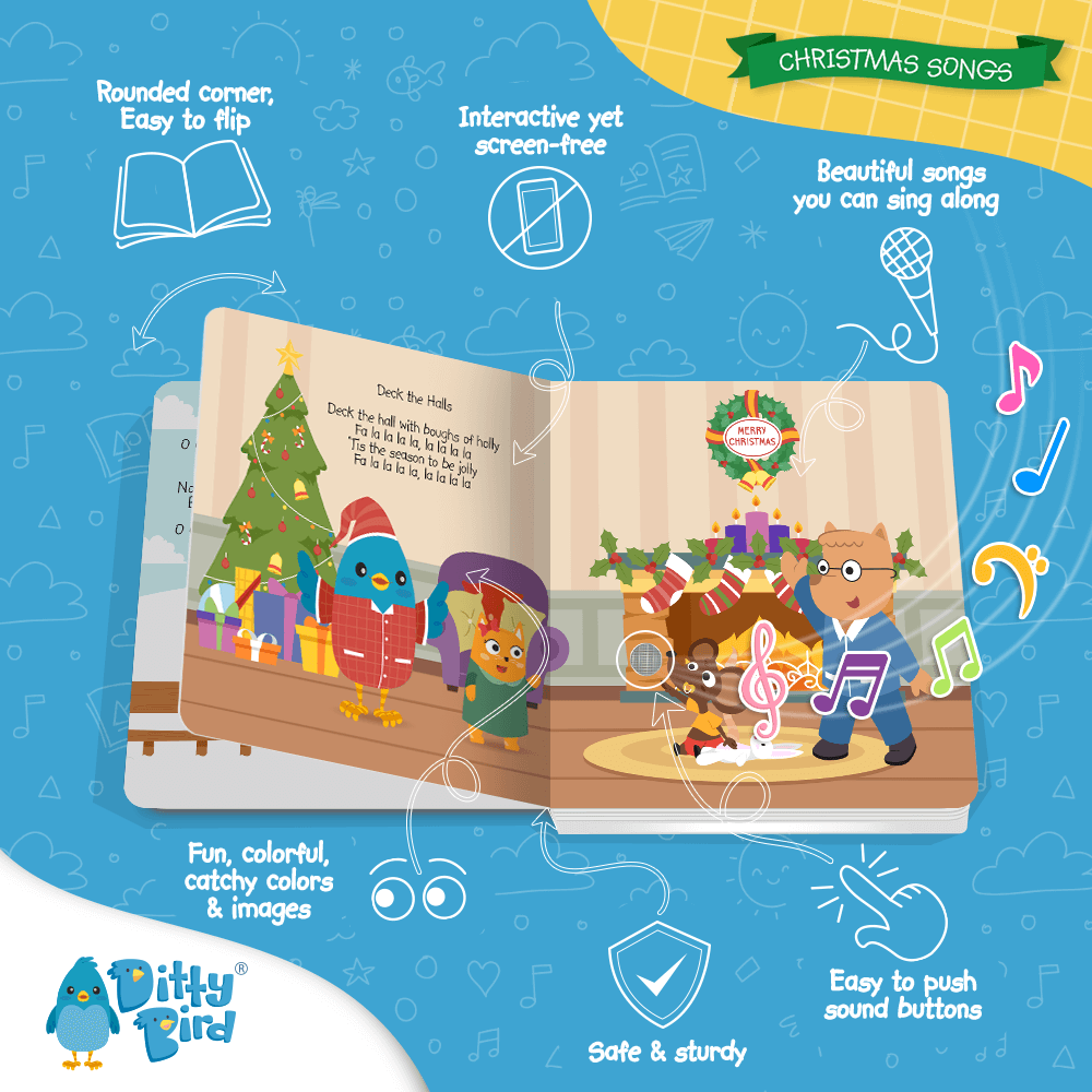 An open Ditty Bird UK Christmas Songs book displays festive illustrations—a Christmas tree, decorated room, and singing animal characters. Colorful icons highlight this interactive sound book’s early learning features on a blue background.