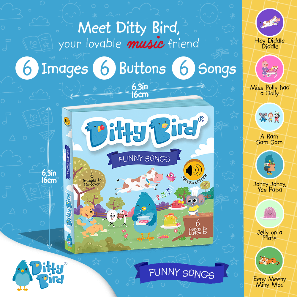 A promotional image for Ditty Bird UK’s Funny Songs interactive sound book, featuring cartoon animals in a park. Six buttons play children’s songs, making it an ideal early learning or first birthday gift. Book size: 6.3in x 6.3in.