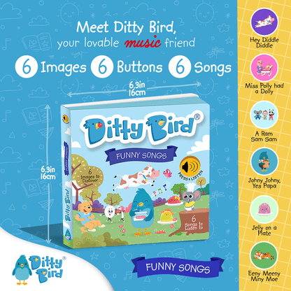 A promotional image for Ditty Bird UK’s Funny Songs interactive sound book, featuring cartoon animals in a park. Six buttons play children’s songs, making it an ideal early learning or first birthday gift. Book size: 6.3in x 6.3in.