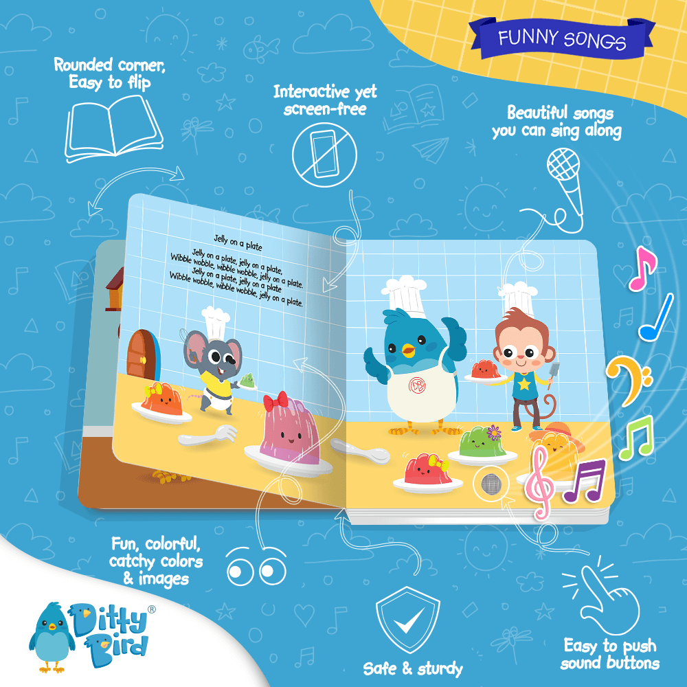 An open Ditty Bird UK "Funny Songs" interactive sound book features a kitchen scene with a mouse, bird chef, and child. Designed for toddlers 1-3, it offers sound buttons, rounded corners, and vibrant art to encourage early learning.