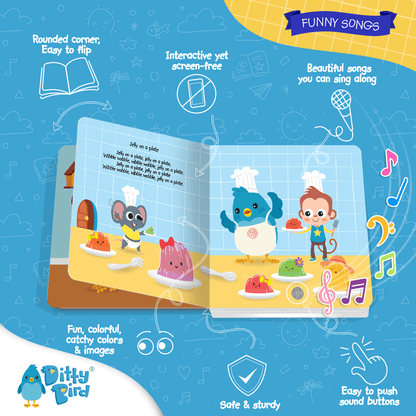 An open Ditty Bird UK "Funny Songs" interactive sound book features a kitchen scene with a mouse, bird chef, and child. Designed for toddlers 1-3, it offers sound buttons, rounded corners, and vibrant art to encourage early learning.