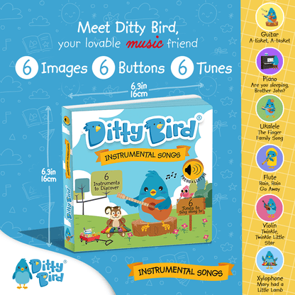 Colorful promo image for Ditty Bird UK’s Instrumental Songs, an interactive sound book. Features 6 images, 6 buttons, 6 tunes, and cover art—ideal for early learning or a first birthday gift!.