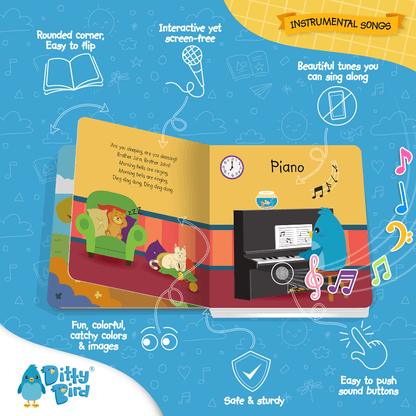 A spread from Ditty Bird UK's "Instrumental Songs" shows a lion on a couch and a blue bird at the piano. Colorful icons highlight interactive sound, catchy images, rounded corners, safe design, and early learning fun.