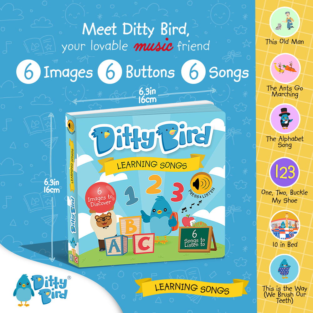 Box cover of Ditty Bird UK’s Learning Songs, an interactive sound book for toddlers 1-3 with 6 song buttons, playful images, a cartoon bird, song titles, learning icons, and a bright design.