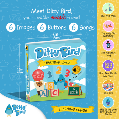 Box cover of Ditty Bird UK’s Learning Songs, an interactive sound book for toddlers 1-3 with 6 song buttons, playful images, a cartoon bird, song titles, learning icons, and a bright design.
