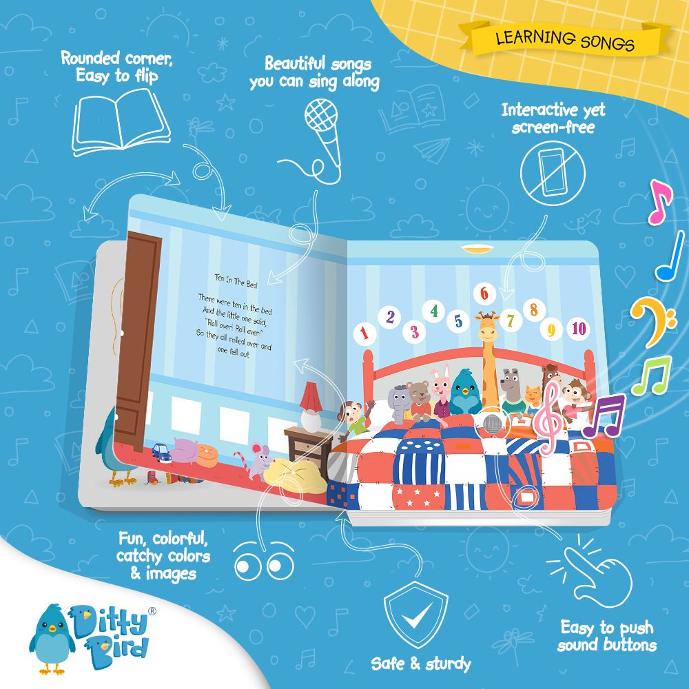 An open Ditty Bird UK “Learning Songs” book shows animals in bed with music notes. Icons on a blue background highlight rounded corners, colourful images, sing-along songs, interactive sounds, easy buttons, and sturdy design.