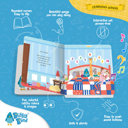 An open Ditty Bird UK “Learning Songs” book shows animals in bed with music notes. Icons on a blue background highlight rounded corners, colourful images, sing-along songs, interactive sounds, easy buttons, and sturdy design.