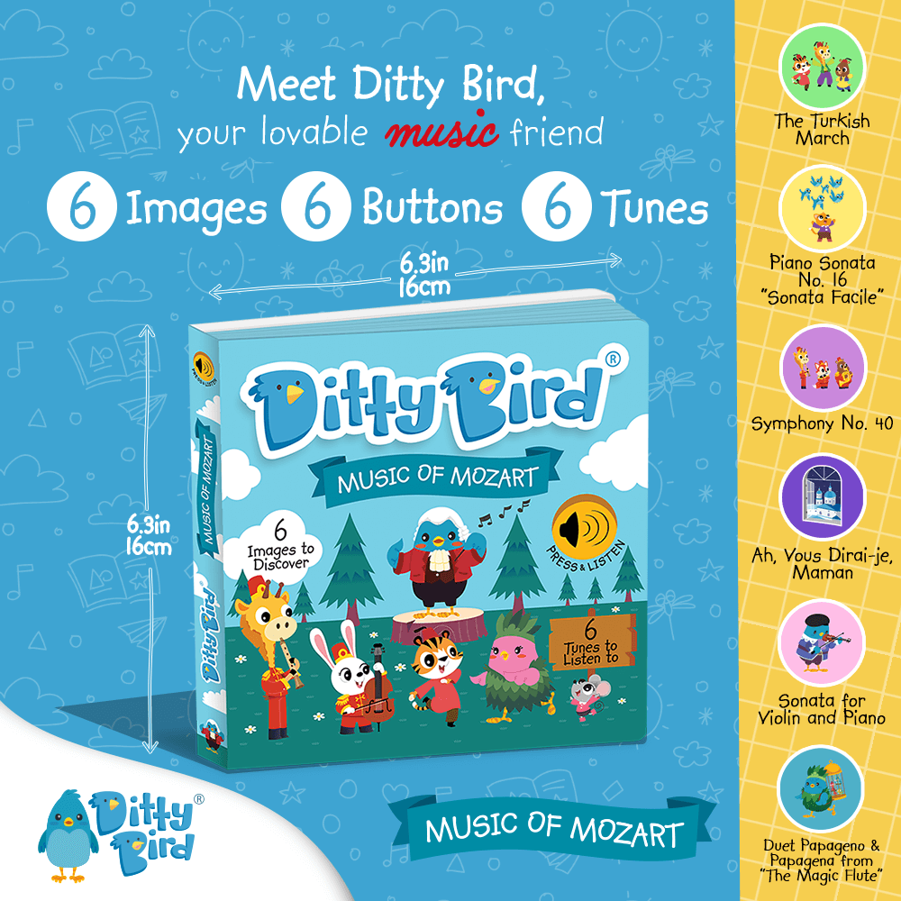 Square image featuring Ditty Bird UK's "Music of Mozart" interactive sound book for children—a great first birthday gift. Includes animal characters and six buttons that play famous Mozart tunes such as The Turkish March and Piano Sonata No. 16.