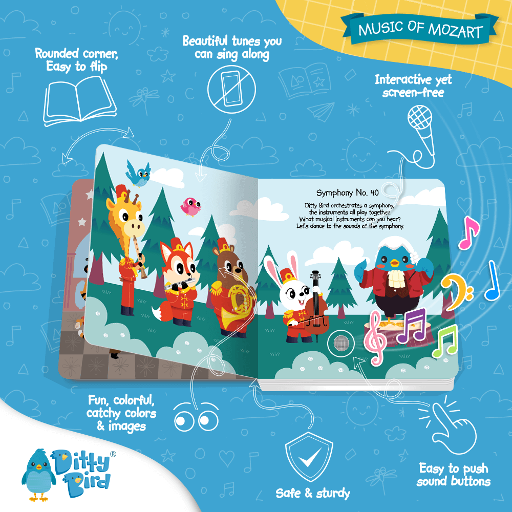 The Ditty Bird UK “Music of Mozart” sound book features illustrated animal characters playing instruments outdoors, with icons showing musical toys for toddlers 1-3, sound buttons, rounded corners, and vibrant images—an ideal first birthday gift.