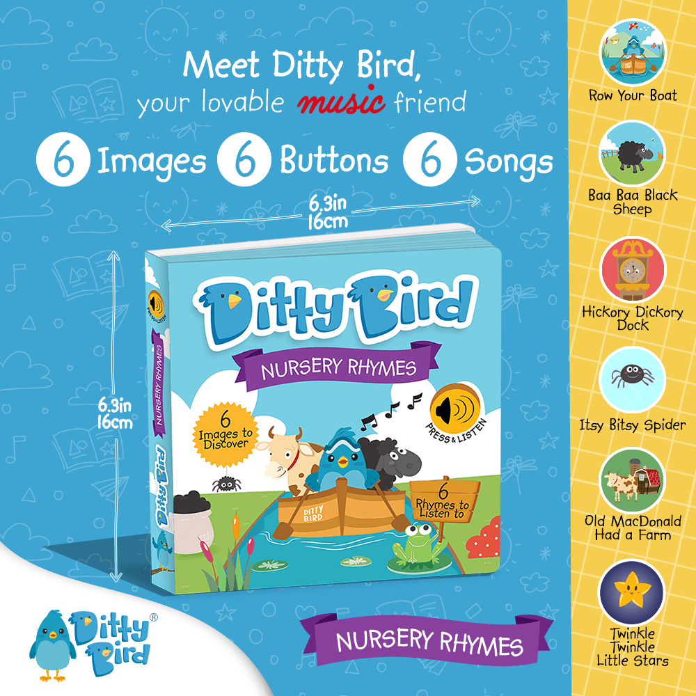 Colorful promo image for Ditty Bird UK’s Nursery Rhymes book. This early learning toy shows the cover and 6 buttons, each playing a classic song like Row Your Boat or Twinkle Twinkle Little Star. Perfect for little learners!.