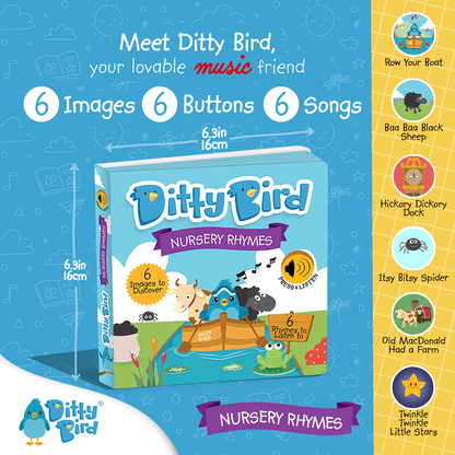 Colorful promo image for Ditty Bird UK’s Nursery Rhymes book. This early learning toy shows the cover and 6 buttons, each playing a classic song like Row Your Boat or Twinkle Twinkle Little Star. Perfect for little learners!.