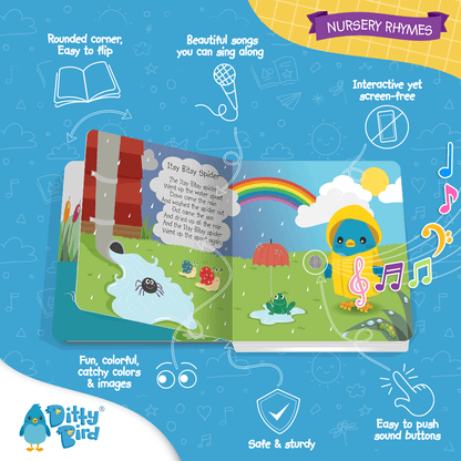 Ditty Bird UK’s Nursery Rhymes sound book features a spider, rainbow, frog, and blue bird. With interactive sound buttons and cheerful images, it plays nursery rhymes—perfect musical fun for toddlers 1-3. Ditty Bird logo at bottom left.