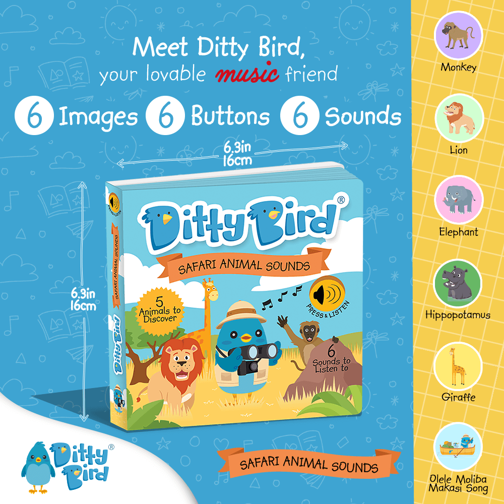 Promotional image for Ditty Bird UK’s Safari Animal Sounds book—perfect first birthday gift for early learning. Features 6 sound buttons with monkey, lion, elephant, hippopotamus, giraffe & the Olele Moliba Makasi song.