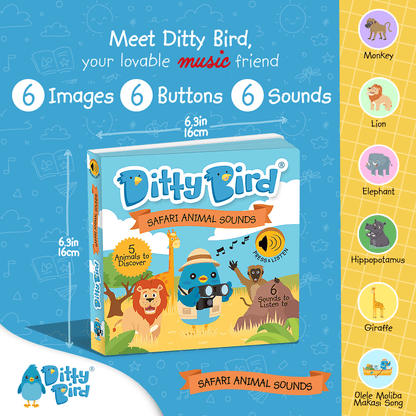 Promotional image for Ditty Bird UK’s Safari Animal Sounds book—perfect first birthday gift for early learning. Features 6 sound buttons with monkey, lion, elephant, hippopotamus, giraffe & the Olele Moliba Makasi song.