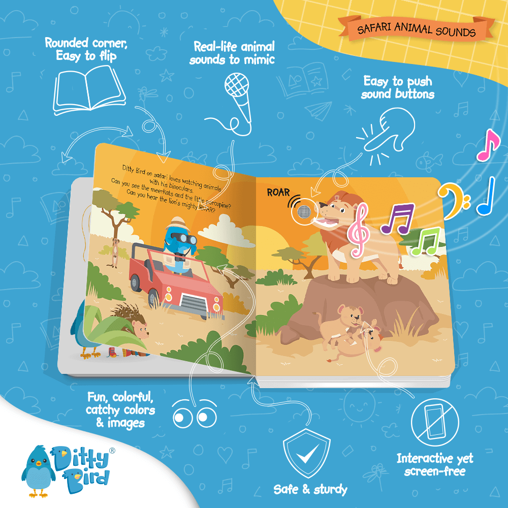 Open Ditty Bird UK’s "Safari Animal Sounds" book to explore a safari scene with lions, cubs, a jeep, and a parrot. Features include rounded corners, animal sounds, colorful images, push buttons, durability, and educational play.