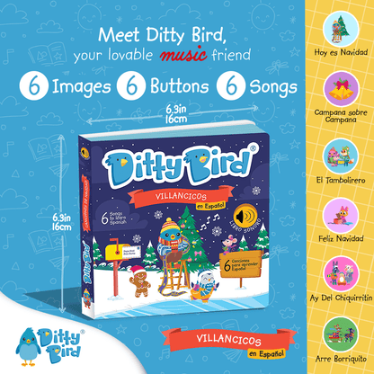 Square image featuring Ditty Bird UK’s Villancicos en Español interactive music book, a fun educational toy for toddlers 1-3 with 6 song buttons and colorful holiday illustrations in the background.