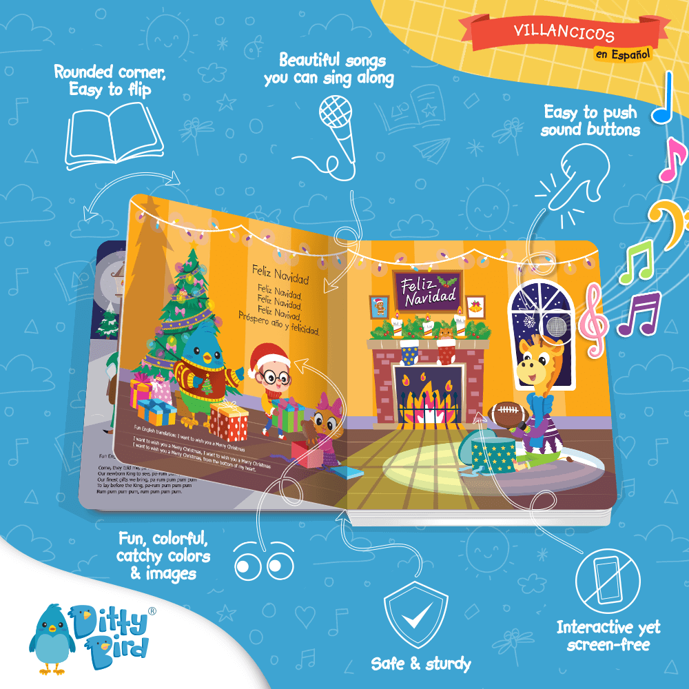 Villancicos en Español by Ditty Bird UK is an illustrated sound book for toddlers ages 1-3, featuring animals celebrating Christmas. With Spanish lyrics, colorful scenes, safe design, and playful sound buttons for musical fun.