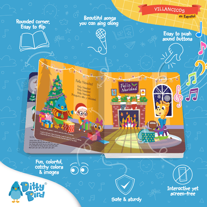 Villancicos en Español by Ditty Bird UK is an illustrated sound book for toddlers ages 1-3, featuring animals celebrating Christmas. With Spanish lyrics, colorful scenes, safe design, and playful sound buttons for musical fun.